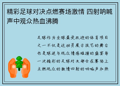 精彩足球对决点燃赛场激情 四射呐喊声中观众热血沸腾