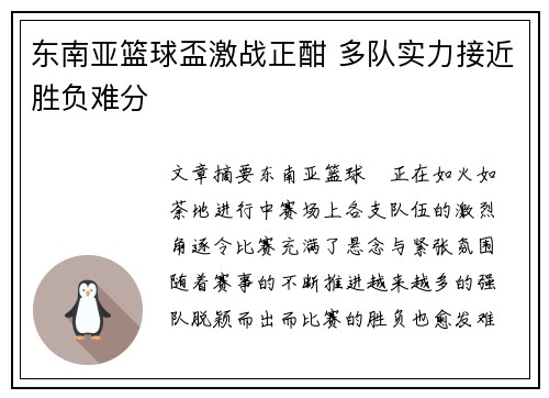 东南亚篮球盃激战正酣 多队实力接近胜负难分