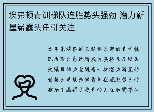 埃弗顿青训梯队连胜势头强劲 潜力新星崭露头角引关注