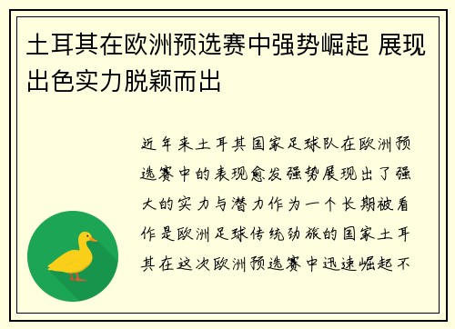 土耳其在欧洲预选赛中强势崛起 展现出色实力脱颖而出