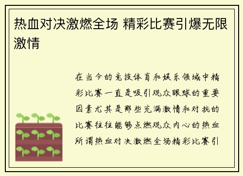 热血对决激燃全场 精彩比赛引爆无限激情