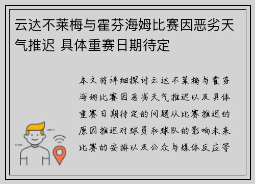云达不莱梅与霍芬海姆比赛因恶劣天气推迟 具体重赛日期待定