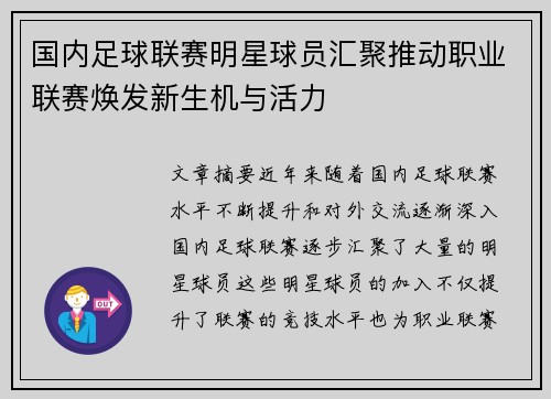 国内足球联赛明星球员汇聚推动职业联赛焕发新生机与活力