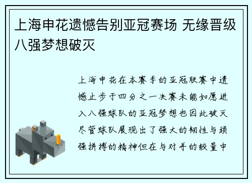上海申花遗憾告别亚冠赛场 无缘晋级八强梦想破灭