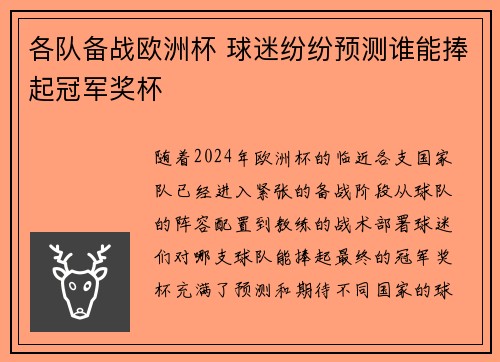 各队备战欧洲杯 球迷纷纷预测谁能捧起冠军奖杯